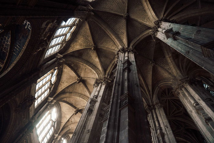 Atmospheric architecture photography shot of the interior of Impasse Saint-Eustache, Paris, France