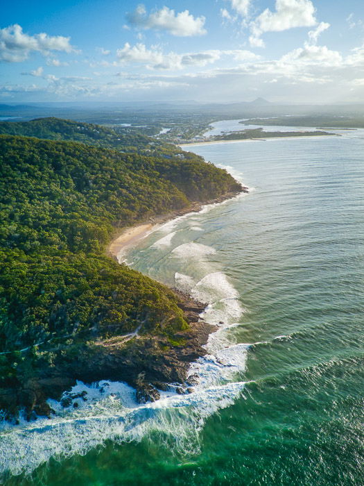 drone photography view of a sunny coastal landscape