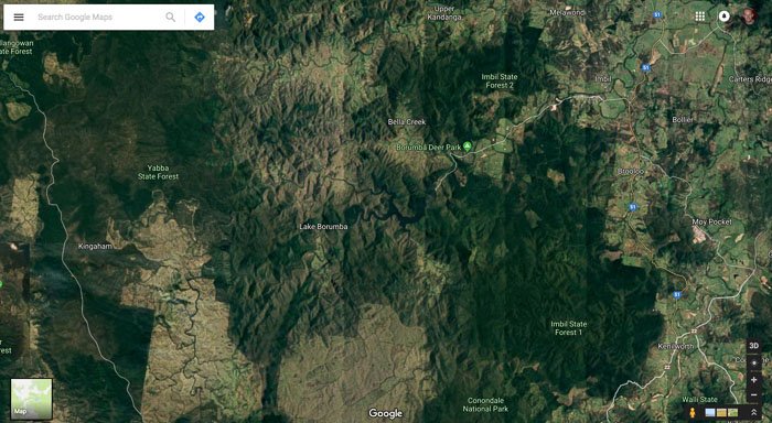 screenshot of google maps satellite view for researching landscape for drone photography 