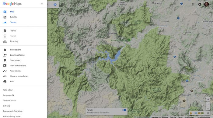 screenshot of google maps terrain view for researching landscape for drone photography 