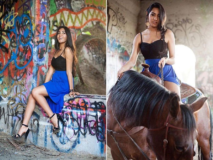 Diptych portrait of a female model sitting on a wall and riding a horse