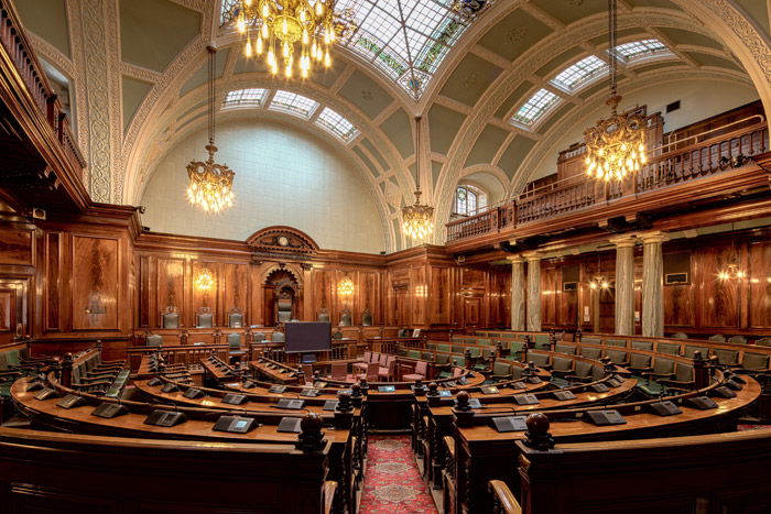 Interior photo of a courtroom