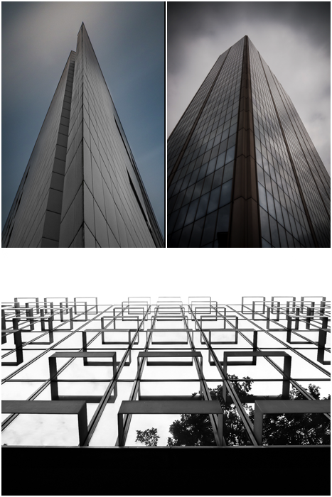 three photo collage showing interesting angles to shoot the facade of buildings. architectural photography