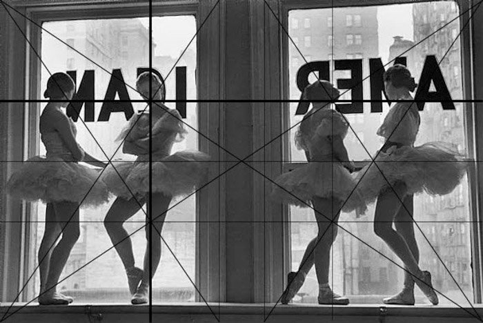 Alfred Eisenstaedt photo of ballerinas with photography composition grid overlaid