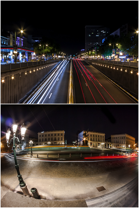 two urban photography shots of light trails from traffic at night