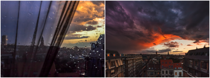 2 photos showing dramatic weather and coloured clouds over an urban cityscape