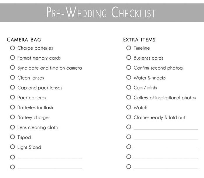 pre-wedding checklist. Amateur Wedding Photography