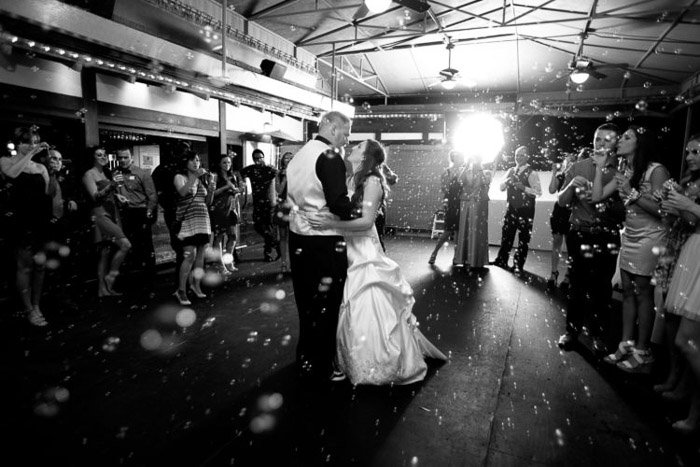 Black and white photograph of a newlywed couples first dance. Amateur wedding photography.