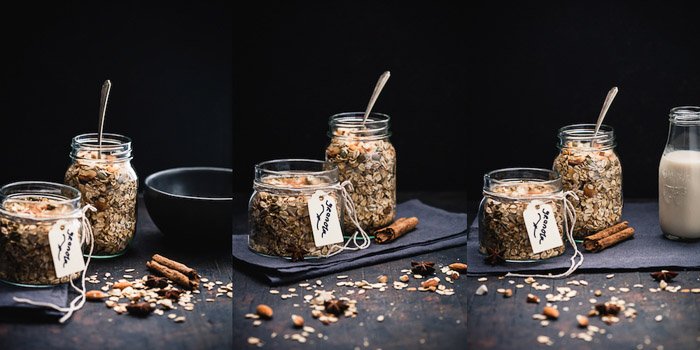 食物摄影三联画的罐子印度香料格兰诺拉麦片在黑暗的背景。