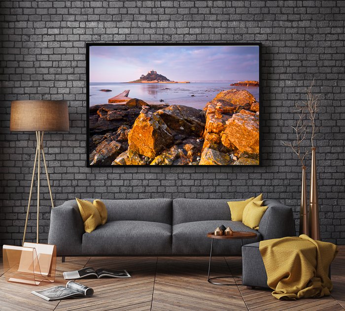The interior of a living room with a large framed travel photography image - how to sell your travel photos
