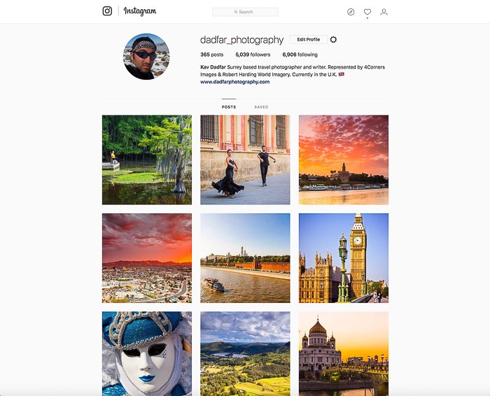 Screenshot of a photographers instagram page. Sell Your Travel Photography
