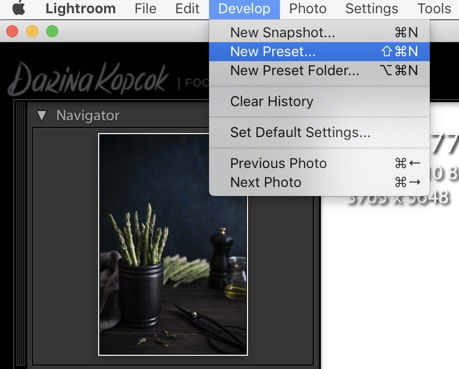 Screenshot of saving presets on Adobe Lightroom.