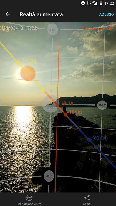 The sun path as seen in the Augmented Reality section of the mobile app PhotoPills. 