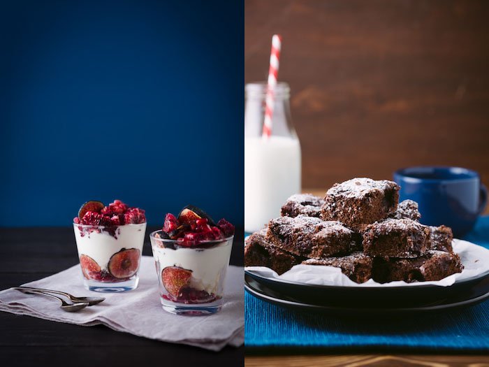 Diptych of food photography lighting set up on a dark rustic background