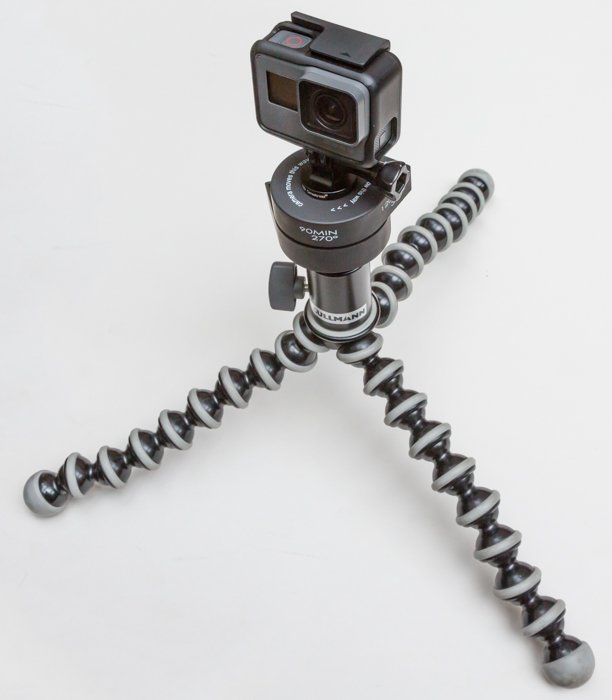 Photo of a Joby Gorillapod, a clockwork 2-hour Flow-Motion auto panning head and a GoPro Hero 6 camera.