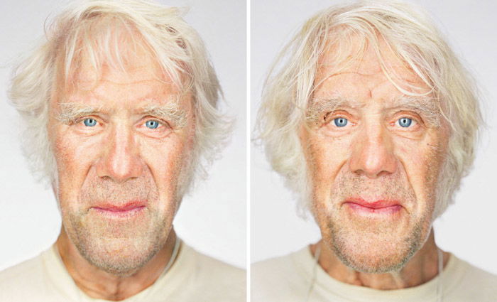 Diptych portrait photography of male twins by Martin Schoeller.