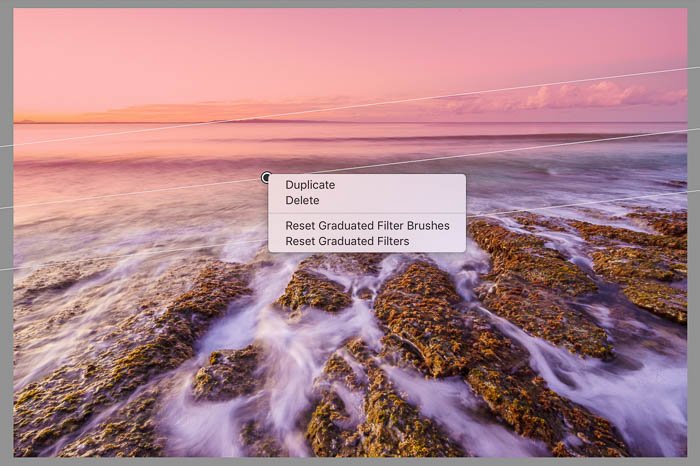 Screenshot of editing a coastal landscape using Lightroom duplicate Lightroom filters