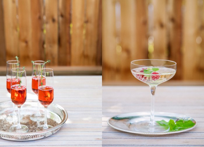 Food photography diptych showing cocktails on a tray against a wooden background. 