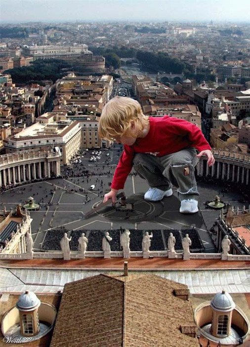 A post edited photo of a child juxtaposed onto a photo of a city. 