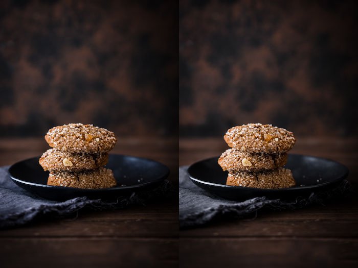 Diptych food photography of a plate of ginger cookies on a wooden table and brown background.