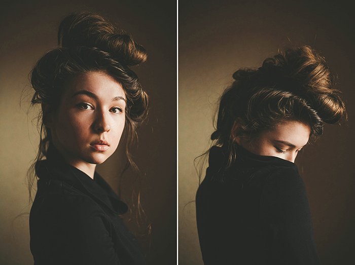 diptych photo collage of a girl, shadowy moody natural light effect