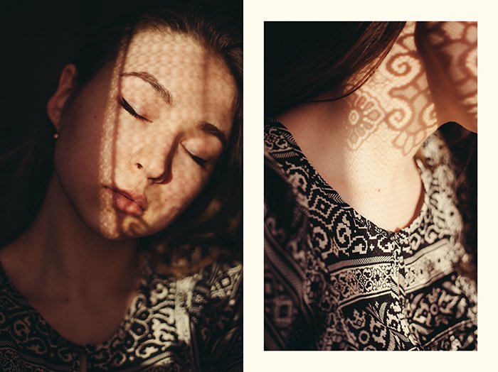 diptych photo collage of a girl with lace material casting dreamy shadows on her face