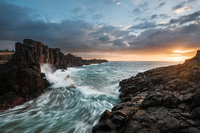 Impressive incoming waves seascape with sunset sky using shutter speed of 0.2 - 1 seconds max. 