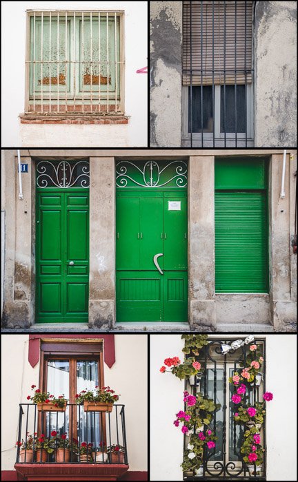 5 photo collage of different window and door frames
