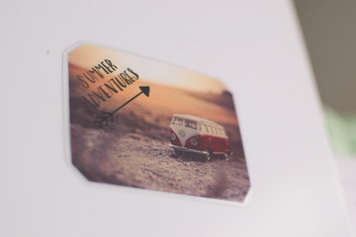 A unique photo gift of a magnet of a Volkswagen van with the text 'Summer Adventures'. Creative photography ideas.