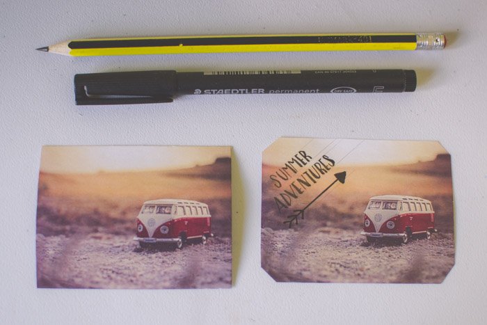 Two photographs of a Volkswagen van beside a pen and pencil . Creative photography ideas.