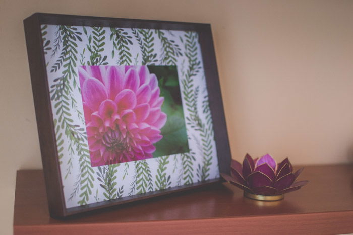 A photograph of a purple flower in a frame with a plant border as an example of what to do with photos