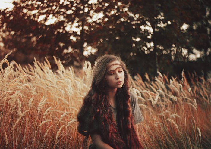 Dreamy portrait of a dark haired girl in a corn field with a blurry forest background. 