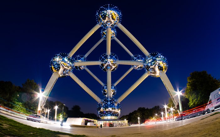 City photography at night: Frontview of the famous Atomium landmark in Brussels.