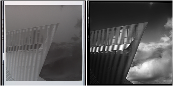 Two black and white 6x6 medium format photographs of an urban structure and sky taken with Yashica Mat TLR camera