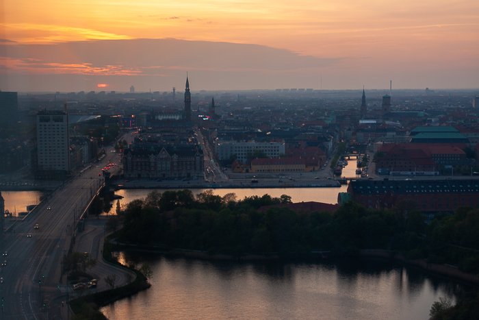 Birds eye view of Copenhagen skyline at sunset