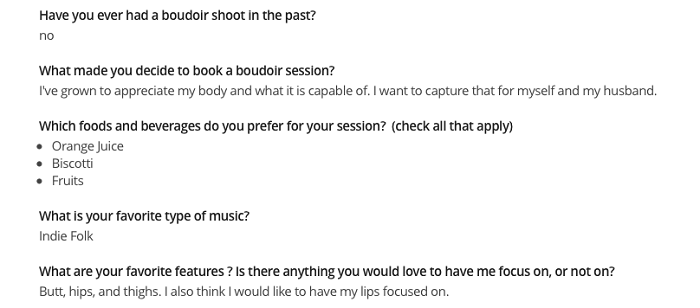 Screenshot of a questionnaire for a boudoir shot 