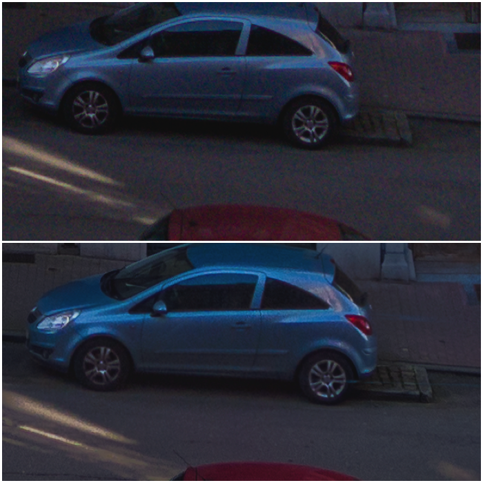 Two images of a blue car on the street. 100% crop from the single exposure 0 EV (top) vs HDR from -2EV, 0EV, and +2EV exposures (bottom).