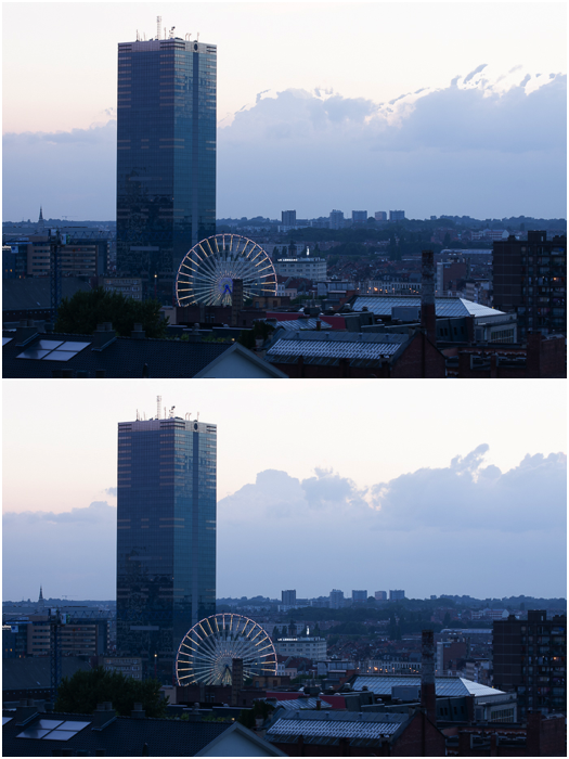 Two photos of the same cityscape. Comparison between simple HDR fusion (top) and fusion with de-ghosting (bottom).