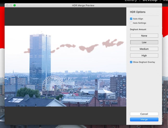 The HDR Merge panel in Lightroom
