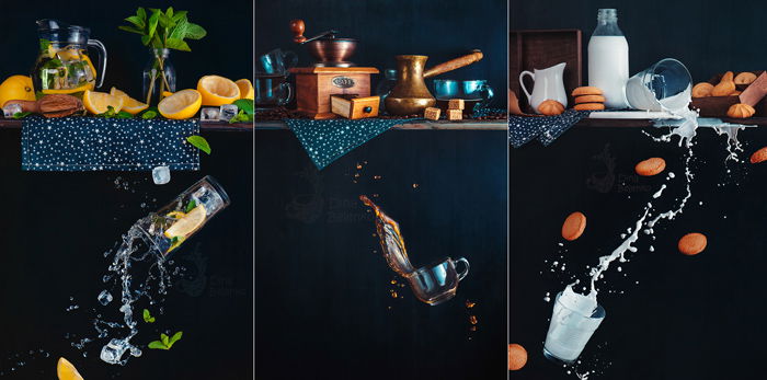 A creative photography triptych of still life with falling glasses of liquid on dark background