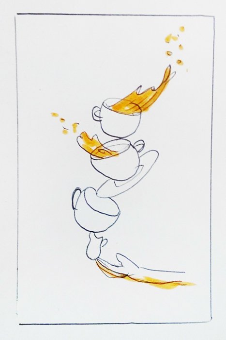 Un diagrama dibujado a mano de una fotografía creativa de Coffee Splash bodegón con tazas de café cayendo