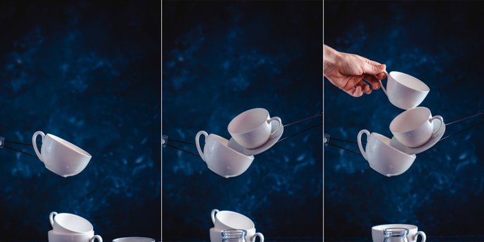 Un creativo tríptico de fotografía de salpicaduras de café que equilibra las tazas de café que caen sobre un fondo azul oscuro