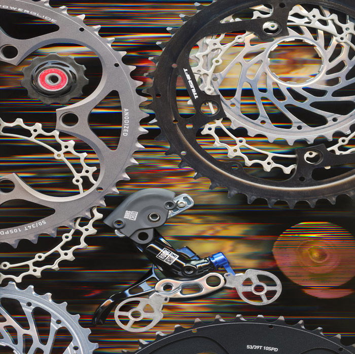 A scanography piece using 100 bicycle parts titled “Rock Shox Rider”