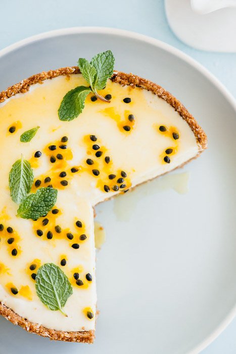 A yellow cheesecake dessert shot overhead with a Nikkor 105mm 2.8, macro lens for still life food photography.