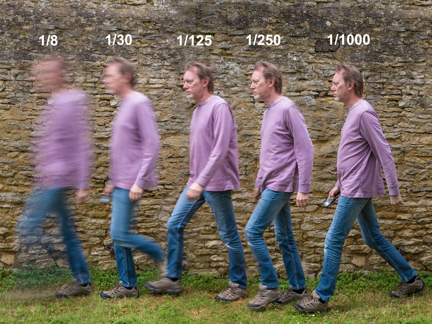 Effects of different shutter speeds of a man walking for time-lapse photography settings