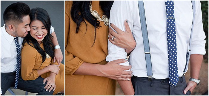 Engagement photography diptych of a couple in formal wear embracing