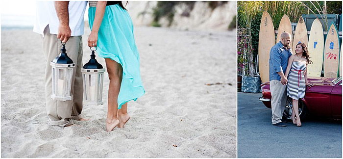 Anengagement photography diptych of a couple standing in a beach area with sand and surf boards