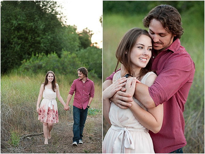 Outdoor engagement photography diptych of a couple holding hands and embracing outdoors