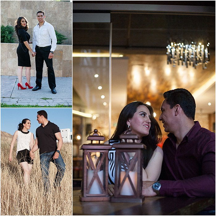 Engagement triptych of a couple standing and sitting together in various locations