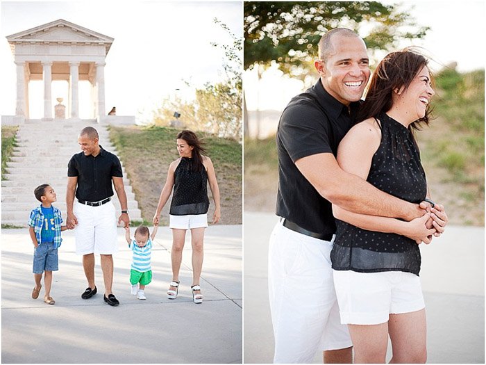 An engagement photography diptych of the couple holding hands with their small sons and embracing in a garden